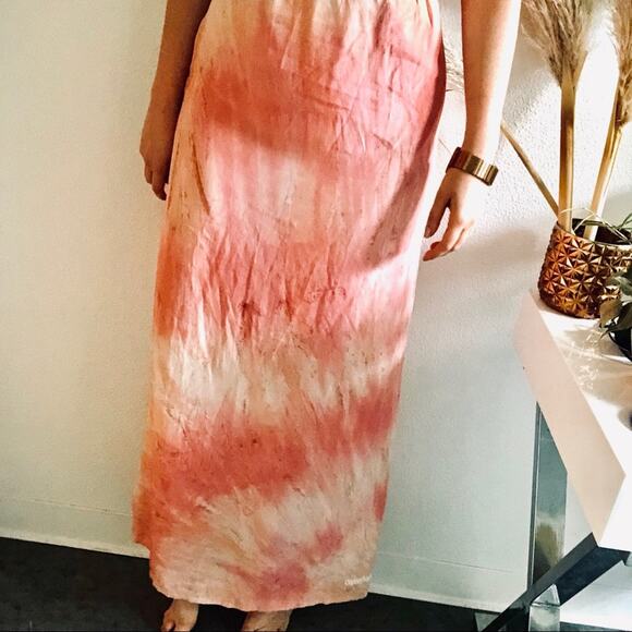 GYPSY 05 REVOLVE Cream Pink Tie Dye Ruffle Strapless Maxi Beachy Boho Dress S - Picture 2 of 7
